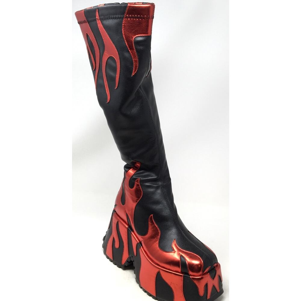 HiColor Women’s Size 9 Side Zipper High Heeled Flames Printing Chunky Sole Boot